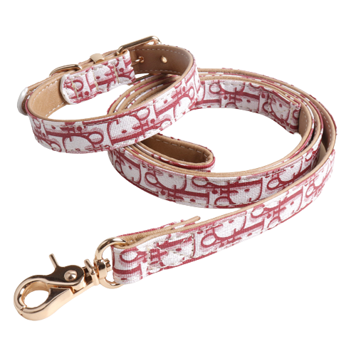 Red and pink Dogior oblique pattern dog collar and leash set designer walking gear