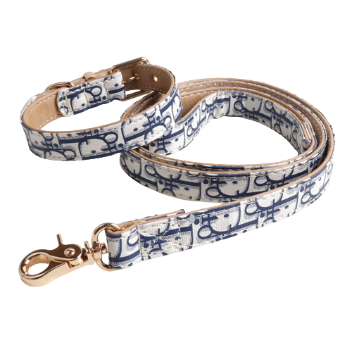 Blue and white Dogior monogram dog collar and leash set faux leather construction