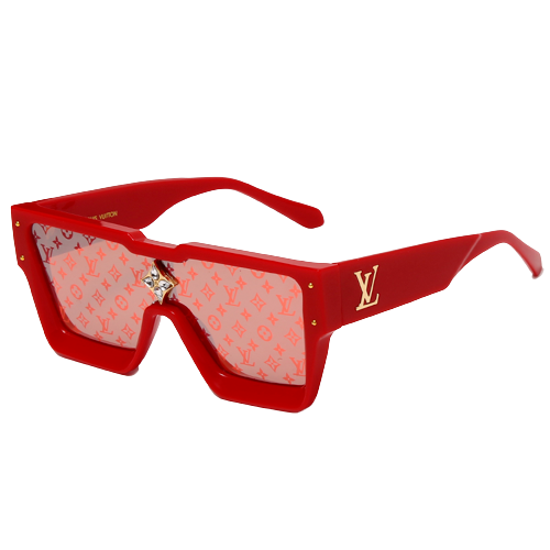 Red designer dog sunglasses with V monogram pattern on pink tinted lenses