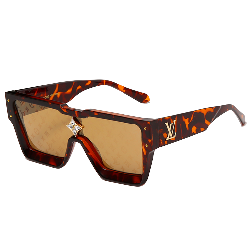 Brown tortoiseshell designer dog sunglasses with V logo and amber lenses