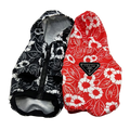 Black and red floral print dog hoodies Prada inspired with triangle logo detail