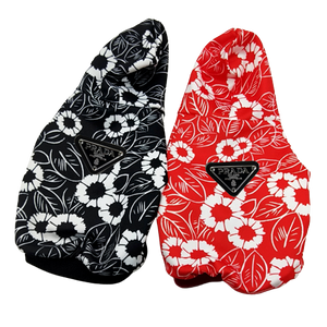 Black floral dog hoodie Pawda style with all-over botanical print and hood