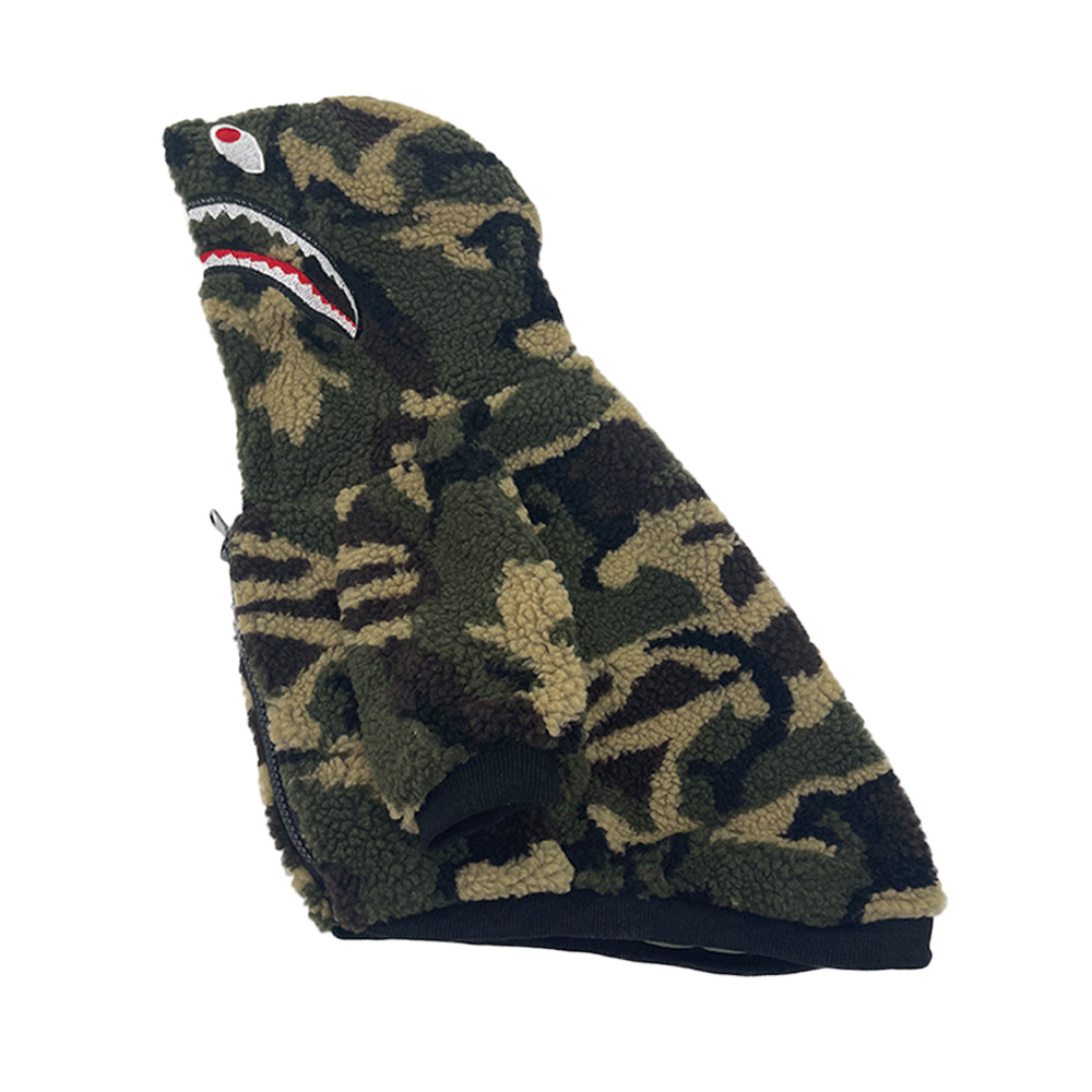 Side view of camo dog hoodie showing shark mouth detail and red eyes on hood