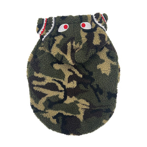 Back view of green camo fleece dog hoodie with zip closure and kangaroo pocket