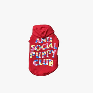 Red dog hoodie with gradient Anti Social Puppy Club logo, inspired by Anti Social Social Club