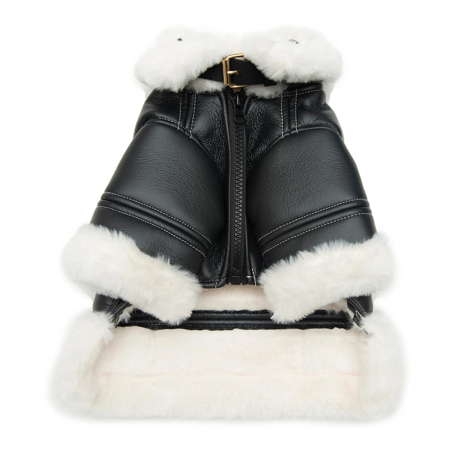 Black faux leather dog jacket with white shearling trim Chrome Hearts inspired