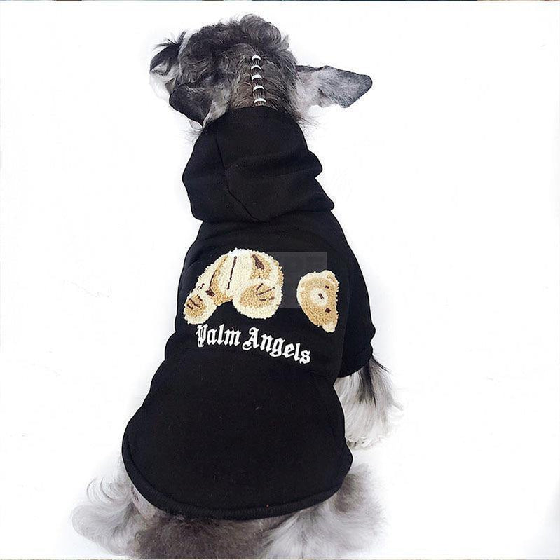 Small dog wearing black embroidered bear graphic hoodie Palm Angels inspired streetwear