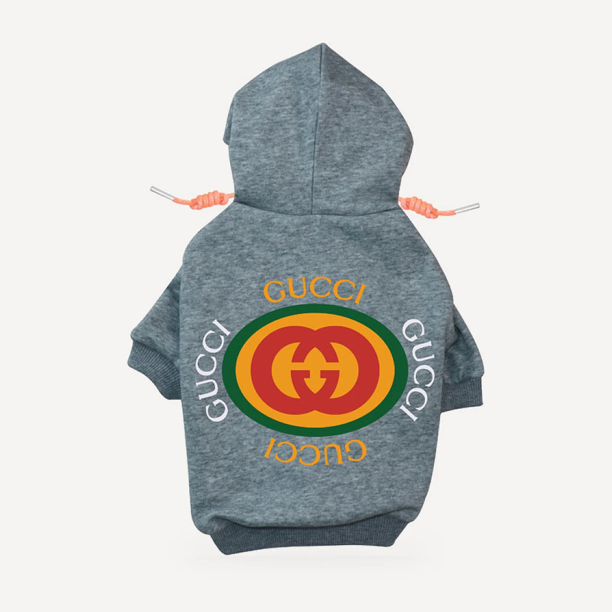 Circle Logo dog hoodie inspired by Gucci, grey, back view