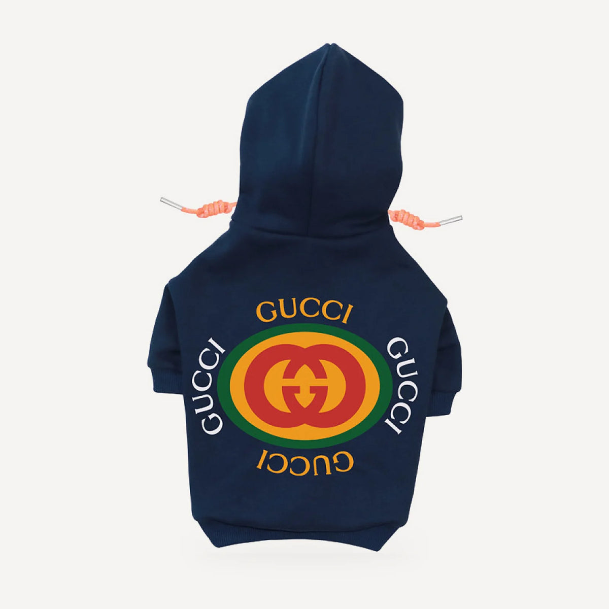 Circle Logo dog hoodie inspired by Gucci, navy blue, back view