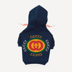 Circle Logo dog hoodie inspired by Gucci, navy blue, back view