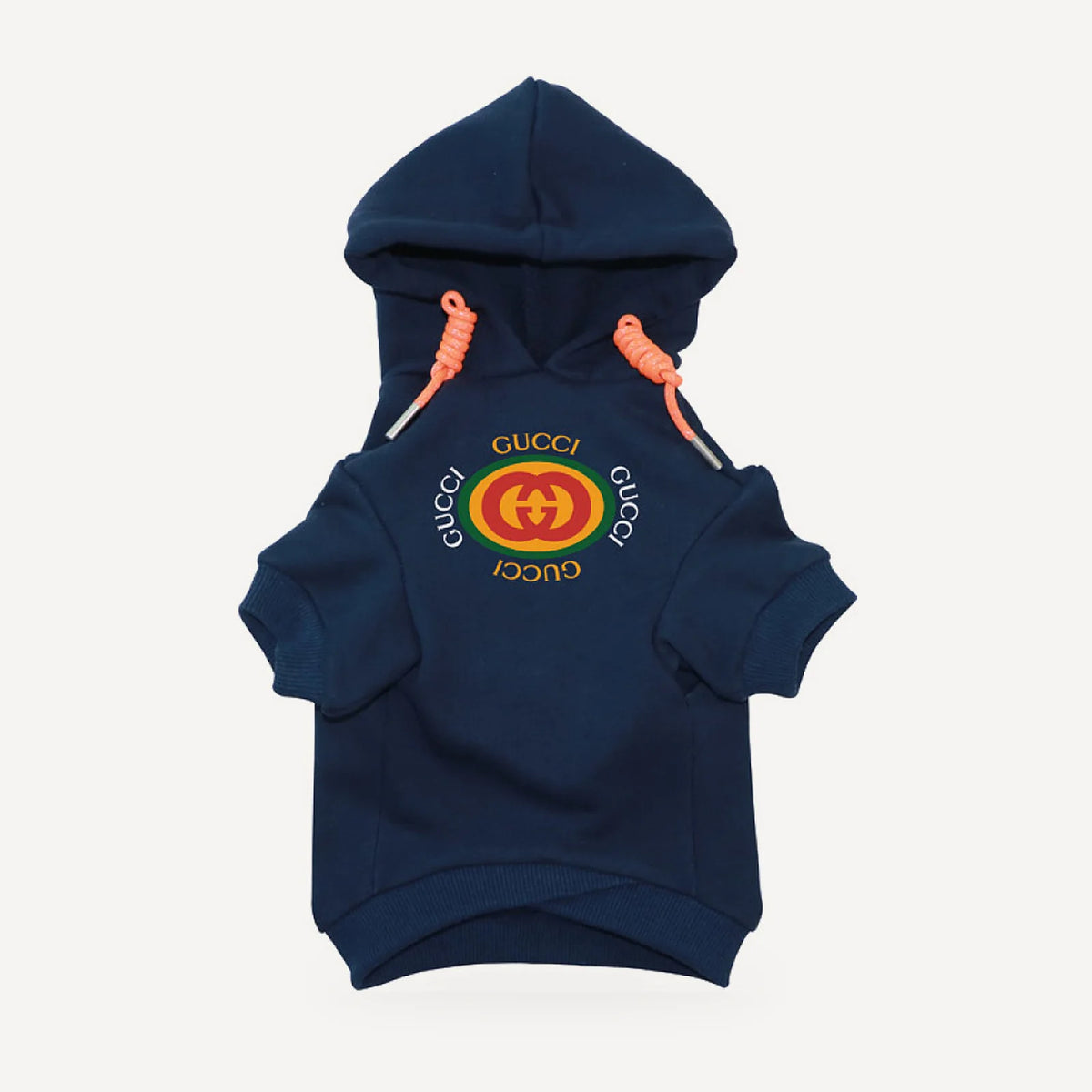 Circle Logo dog hoodie inspired by Gucci, navy blue, front view