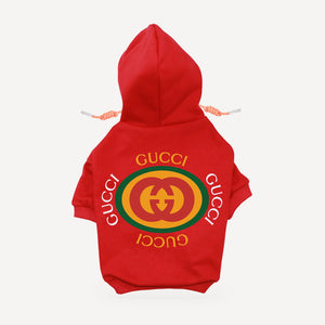 Circle Logo dog hoodie inspired by Gucci, red, back view