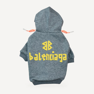 BB Logo dog hoodie inspired by Balenciaga, grey, back view