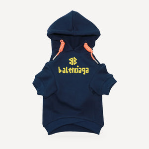 BB Logo dog hoodie inspired by Balenciaga, navy blue, front view
