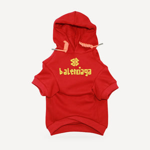 BB Logo dog hoodie inspired by Balenciaga, red, front view