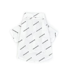 White button-up dog shirt with Balenciaga-style logo pattern and spread collar