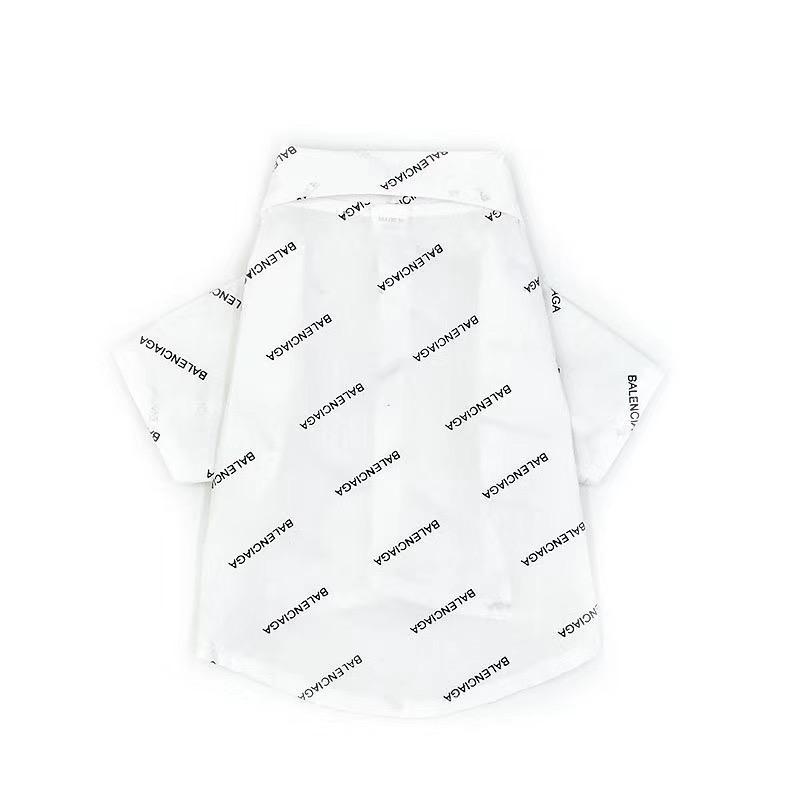 White button-up dog shirt with Balenciaga-style logo pattern and spread collar