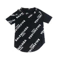 Black dog tee with all-over white Balenciaga logo print scattered design