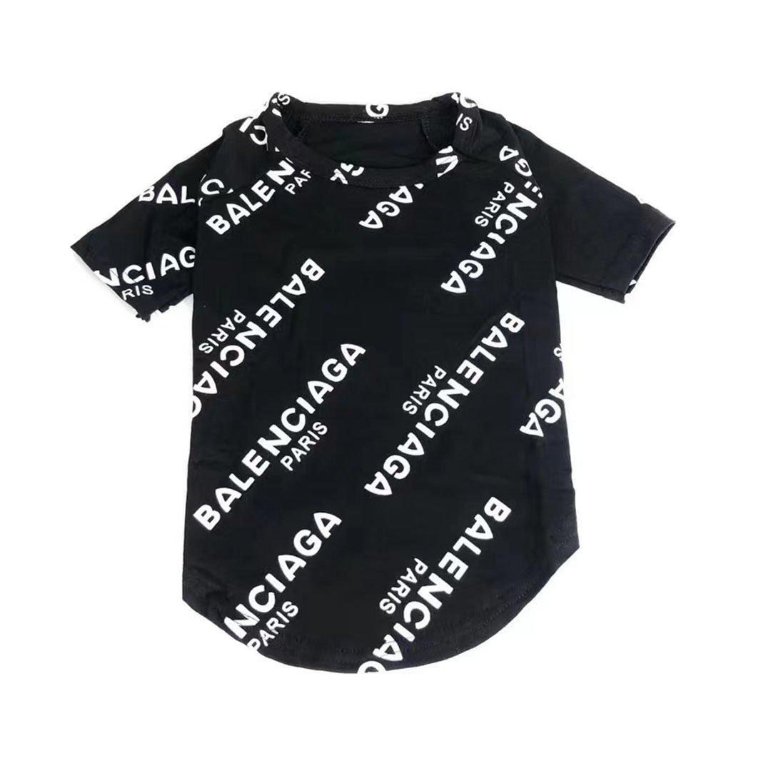 Black dog tee with all-over white Balenciaga logo print scattered design
