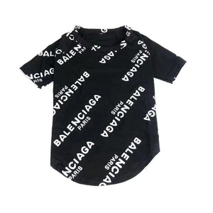 Black dog tee with all-over white Balenciaga logo print scattered design