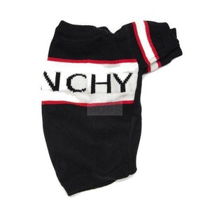 Black knit Pawvenchy dog sweater with ribbed collar and logo panel Givenchy inspired