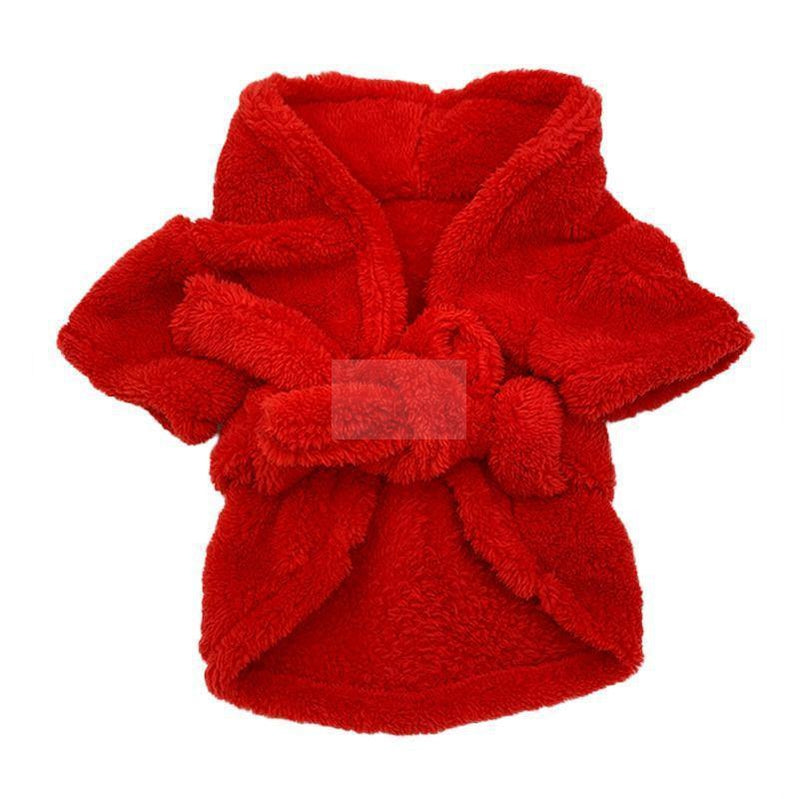 Red hooded dog bathrobe Supreme style with tie closure and terry cloth material