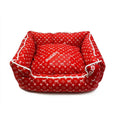 Red monogram dog bed with Supreme and Louis Vuitton inspired design removable cushion
