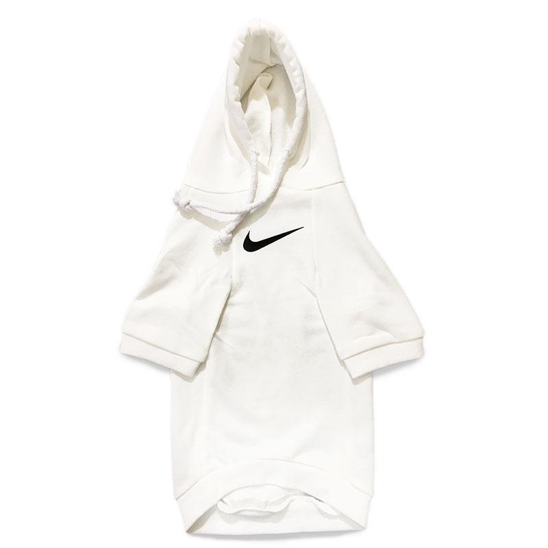 White dog hoodie with black Nike swoosh logo sporty design