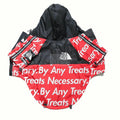 Red TDF windbreaker with By Any Treats Necessary text print North Face inspired