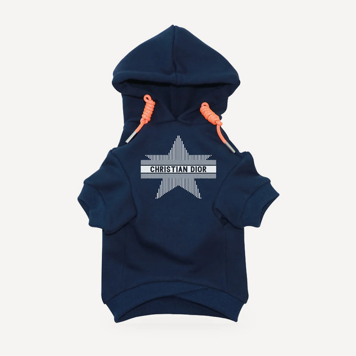 Star dog hoodie inspired by Dior, navy blue, front view