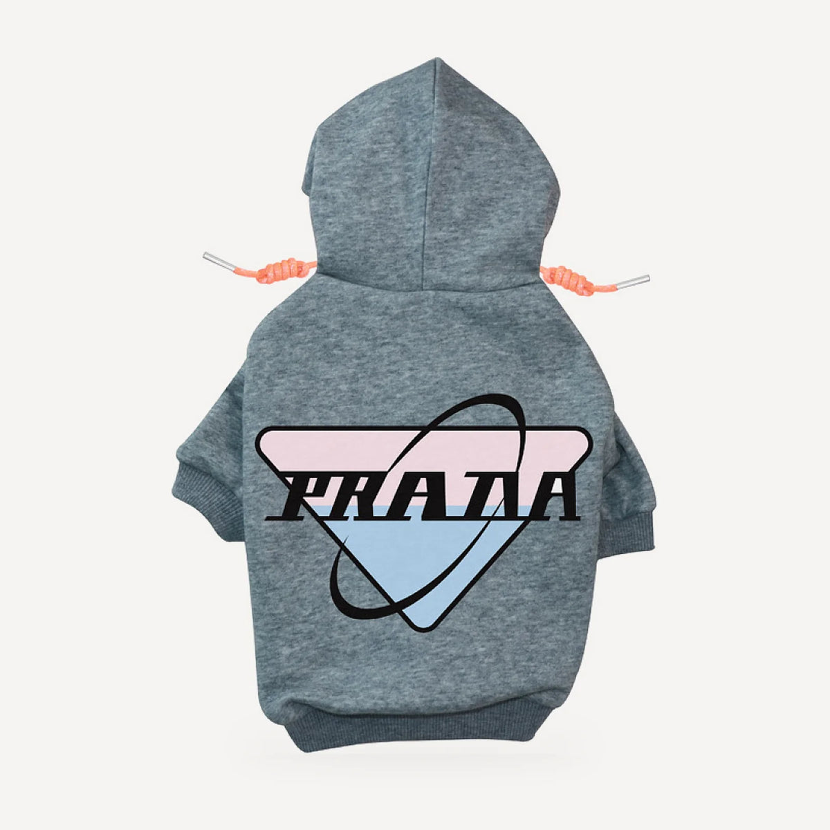 Orbit Logo dog hoodie inspired by Prada, grey, back view