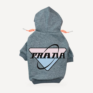 Orbit Logo dog hoodie inspired by Prada, grey, back view