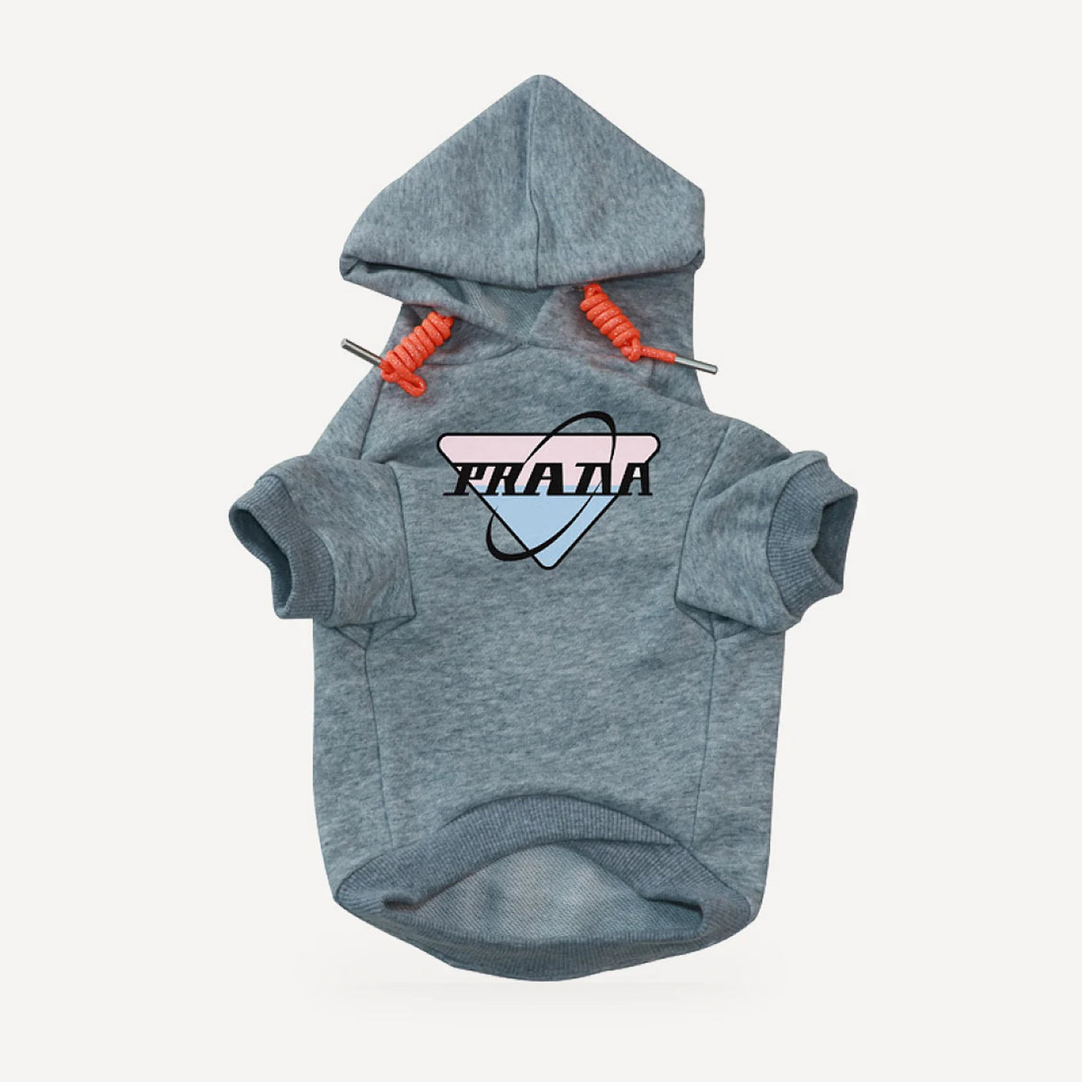 Orbit Logo dog hoodie inspired by Prada, grey, front view