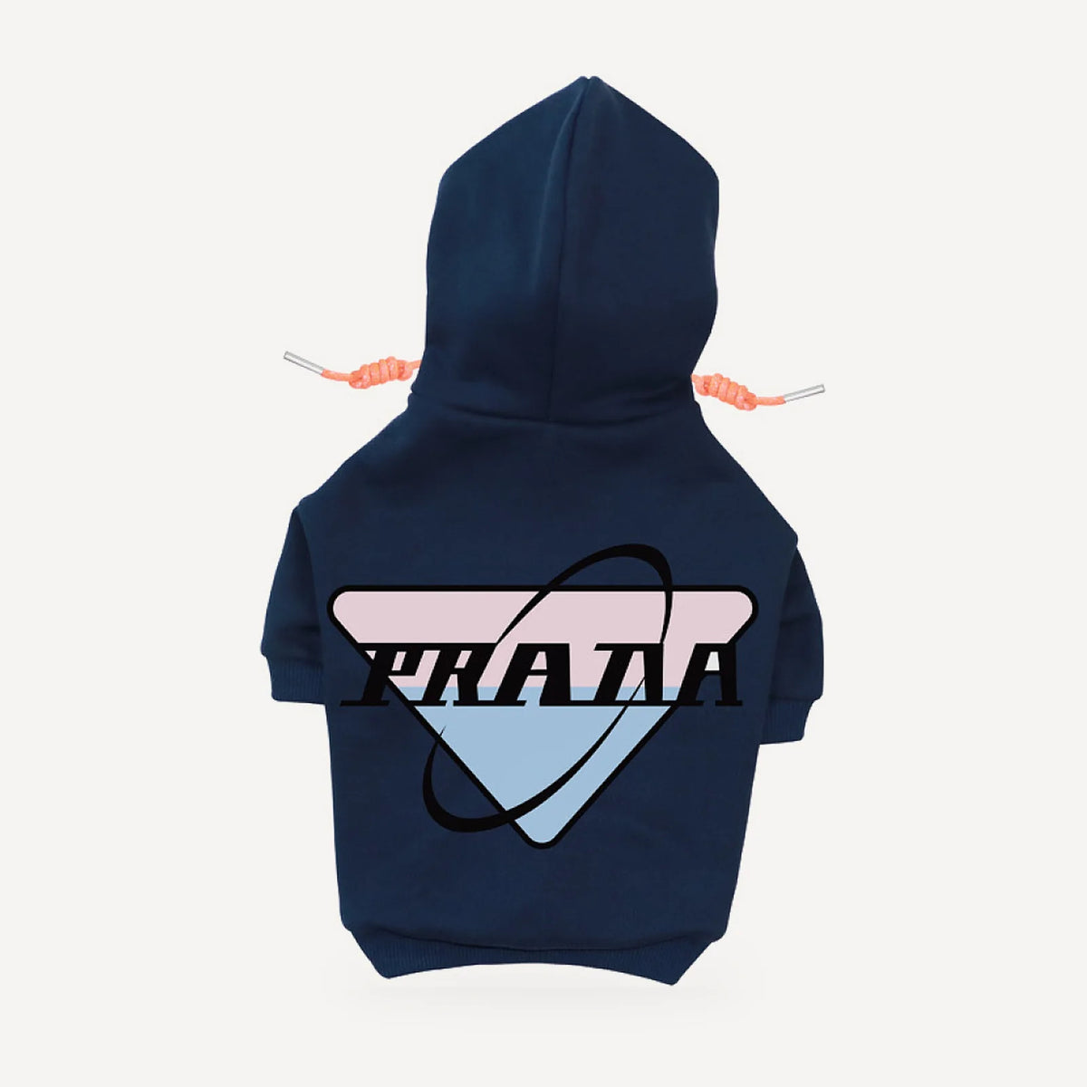 Orbit Logo dog hoodie inspired by Prada, navy blue, back view