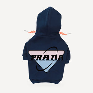 Orbit Logo dog hoodie inspired by Prada, navy blue, back view