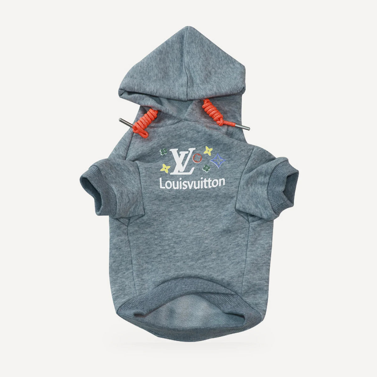Signature Stars dog hoodie inspired by Louis Vuitton, grey, front view