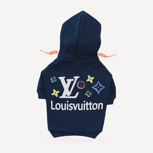 Signature Stars dog hoodie inspired by Louis Vuitton, navy blue, back view