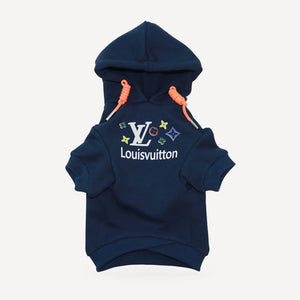 Signature Stars dog hoodie inspired by Louis Vuitton, navy blue, front view