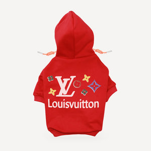 Signature Stars dog hoodie inspired by Louis Vuitton, red, back view
