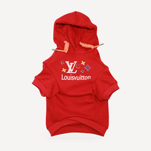 Signature Stars dog hoodie inspired by Louis Vuitton, red, front view