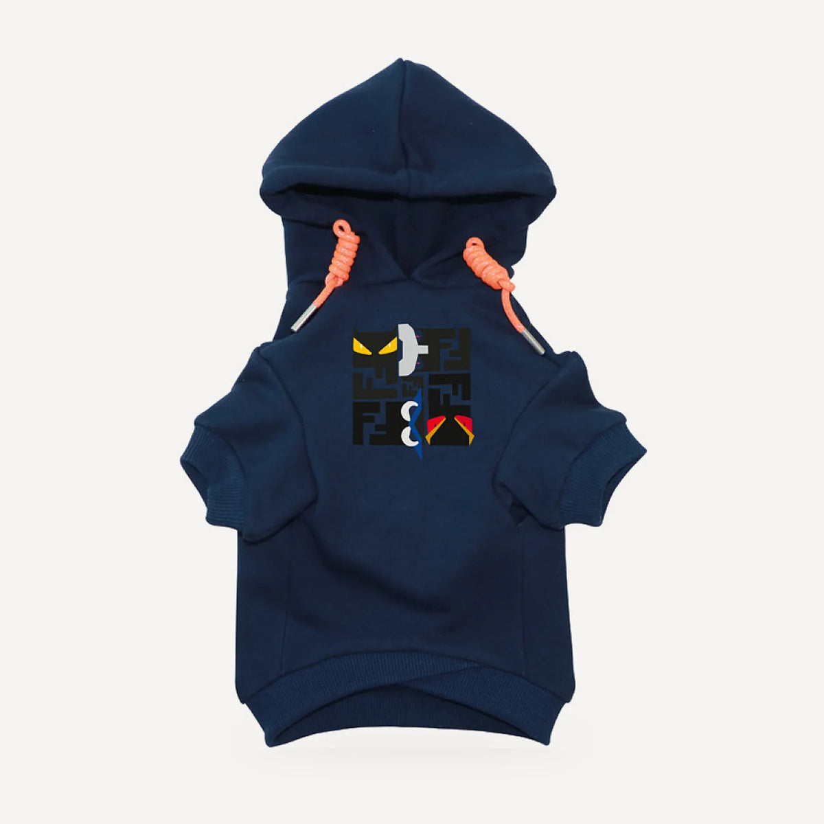 Monster Eyes dog hoodie inspired by Fendi, navy blue, front view