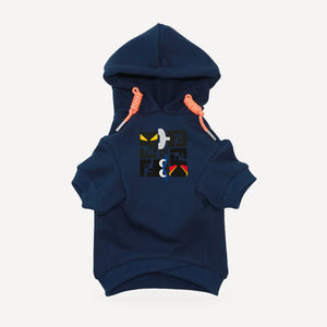 Monster Eyes dog hoodie inspired by Fendi, navy blue, front view