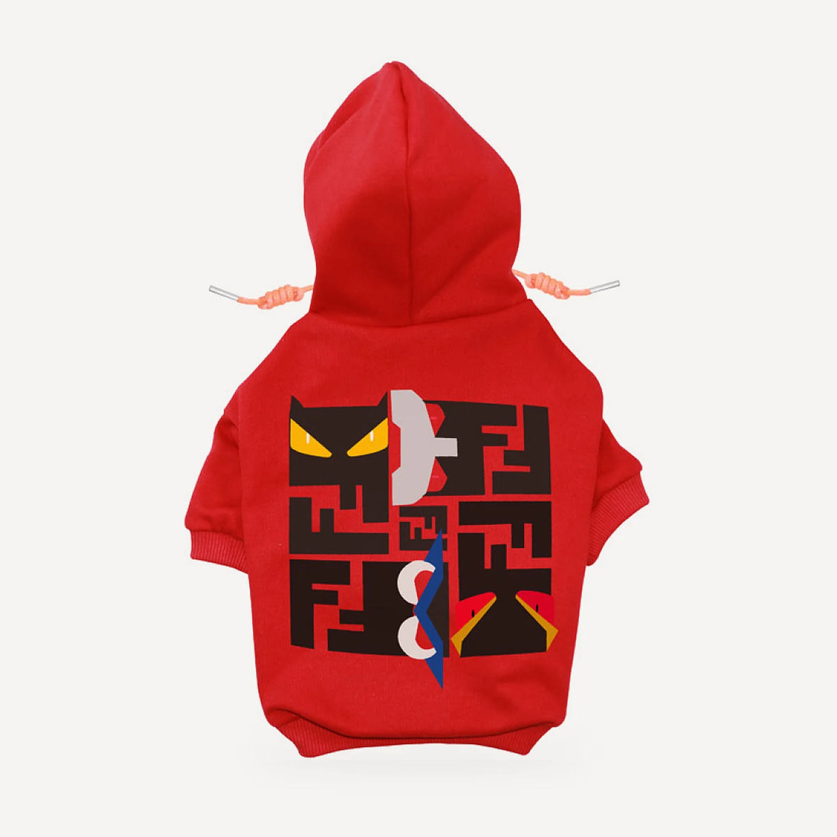 Monster Eyes dog hoodie inspired by Fendi, red, back view