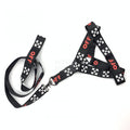 Black dog harness and leash set with white Off-White arrow logos and red OFF text