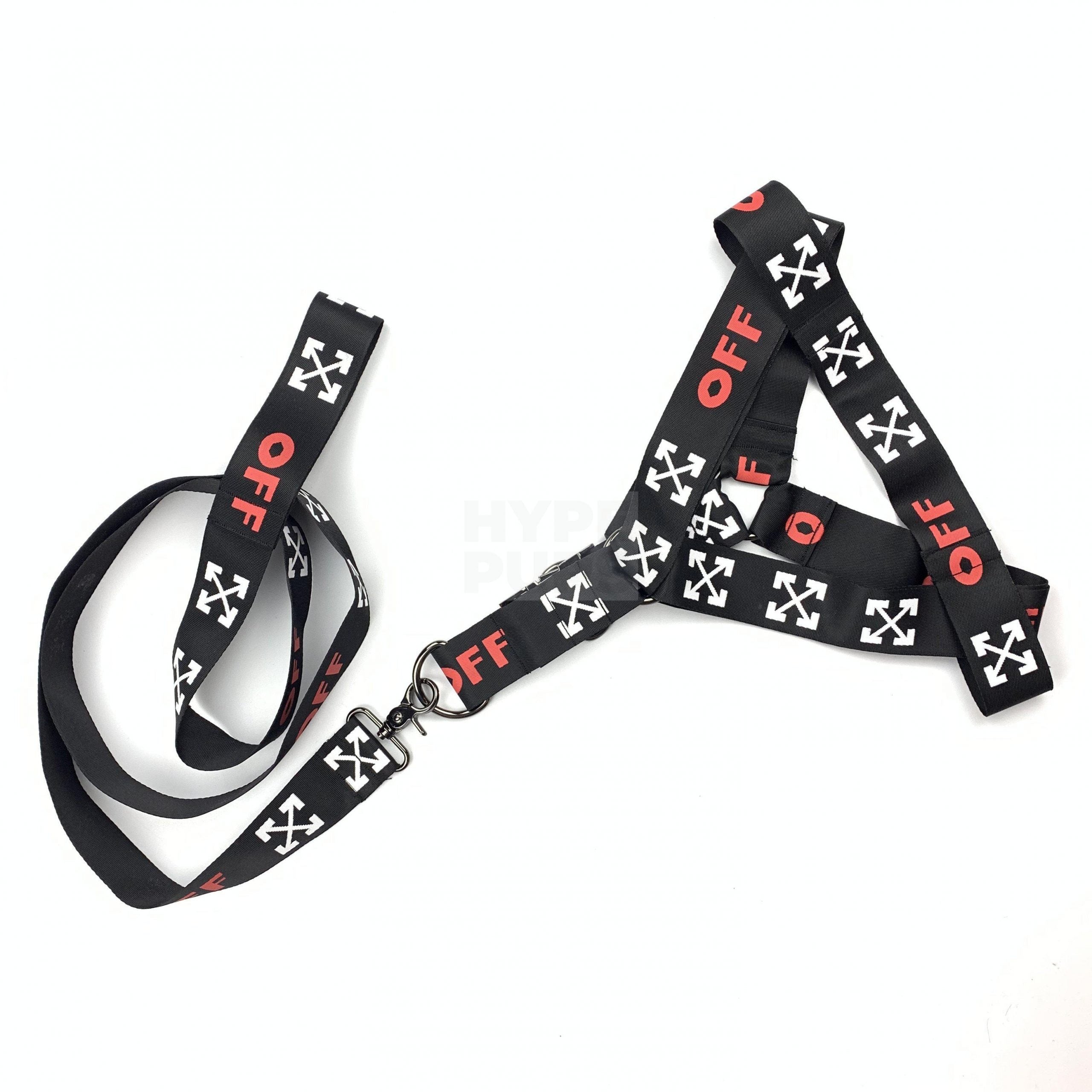 Black dog harness and leash set with white Off-White arrow logos and red OFF text