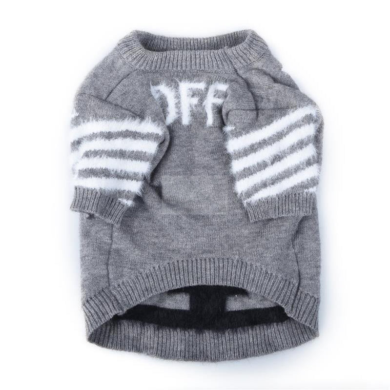 Flat lay grey knit dog sweater showing arrow graphics and striped sleeve details