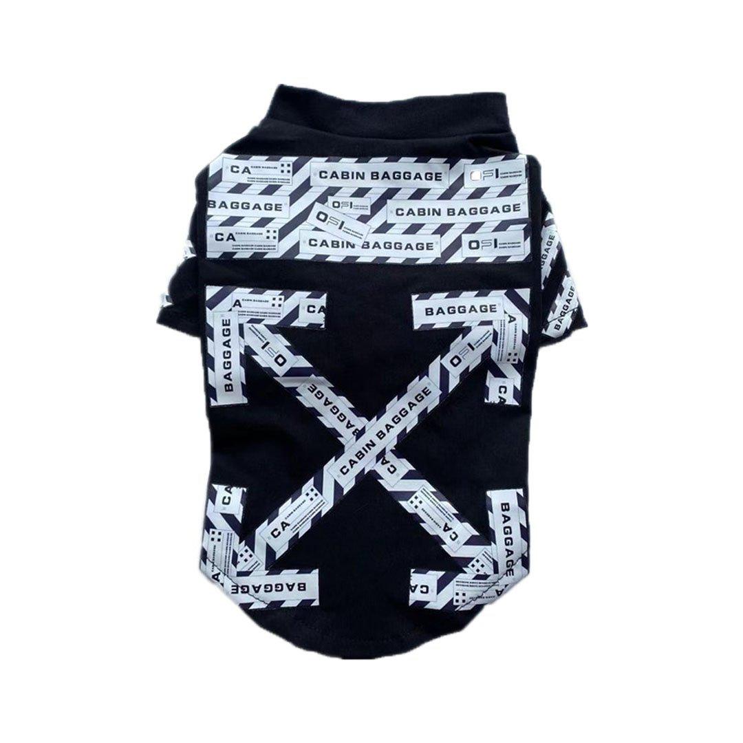 Black dog tee with white cabin baggage tape graphic pattern inspired by Off-White