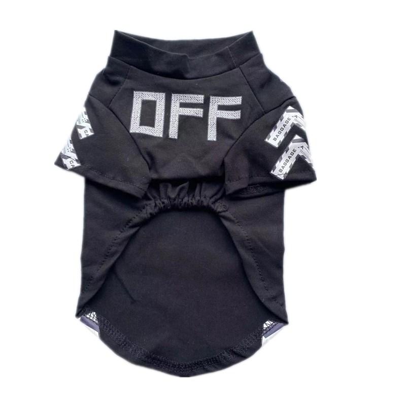 Black dog tee with OFF typography and white industrial stripe details