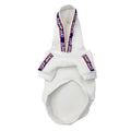 White dog hoodie with blue red striped tape trim Off-White inspired on white background