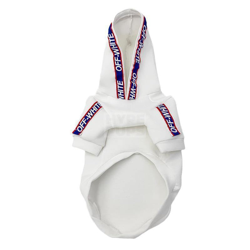 White dog hoodie with blue red striped tape trim Off-White inspired on white background